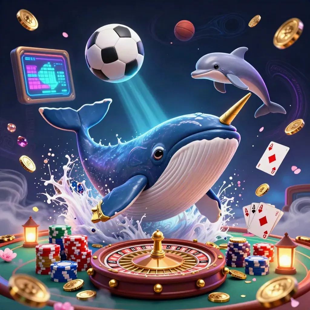Whale, narwhal and dolphins burst through coins around sports balls and casino chips in neon light.
