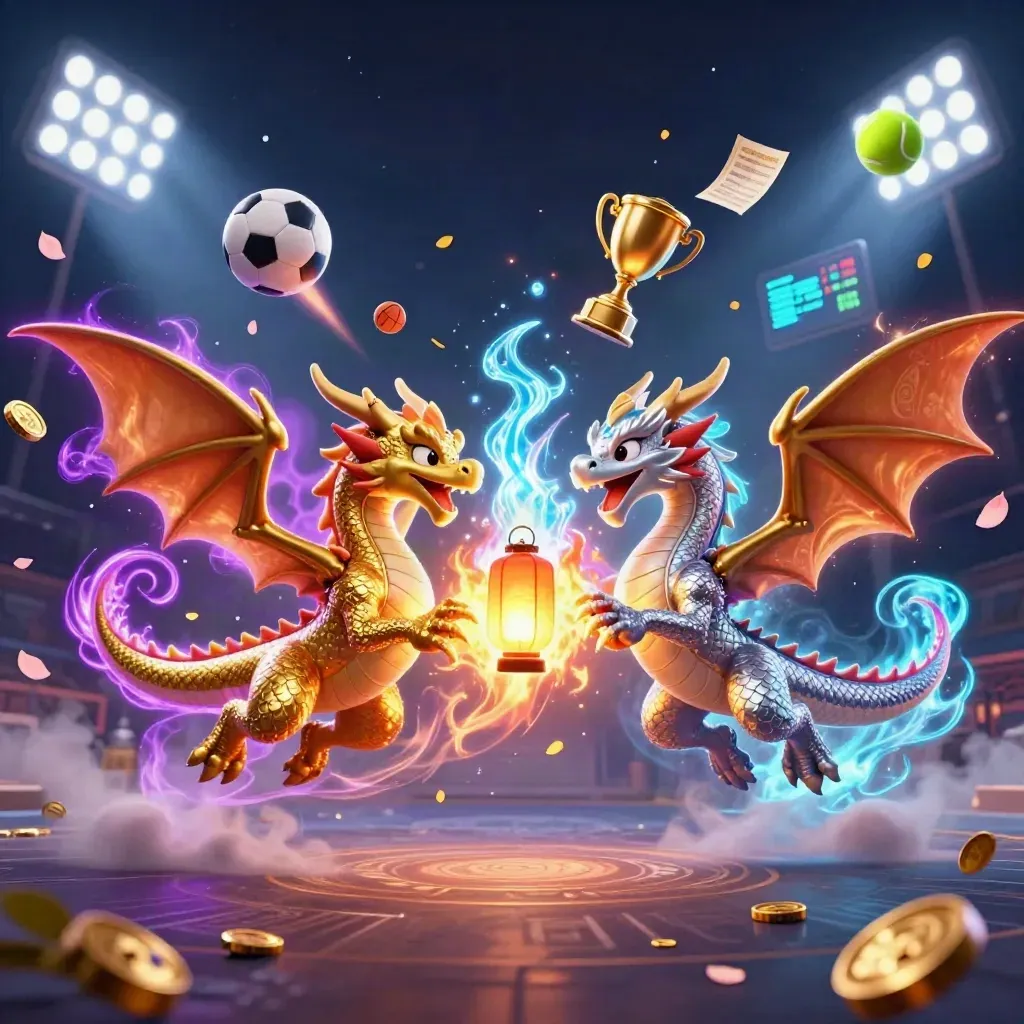 Gold and silver dragons spiral through neon sports magic with balls, coins, and a glowing trophy.