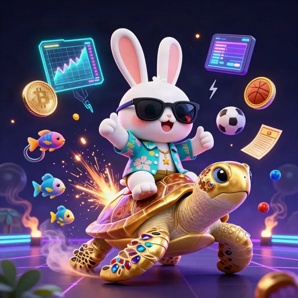 Lucky rabbit on a gold sea turtle amid neon coins, soccer ball, basketball, and casino sparks.