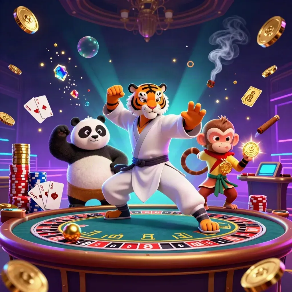 Tiger, panda, and monkey in a neon casino den with coins, roulette, chips, and glowing cyan-purple light.