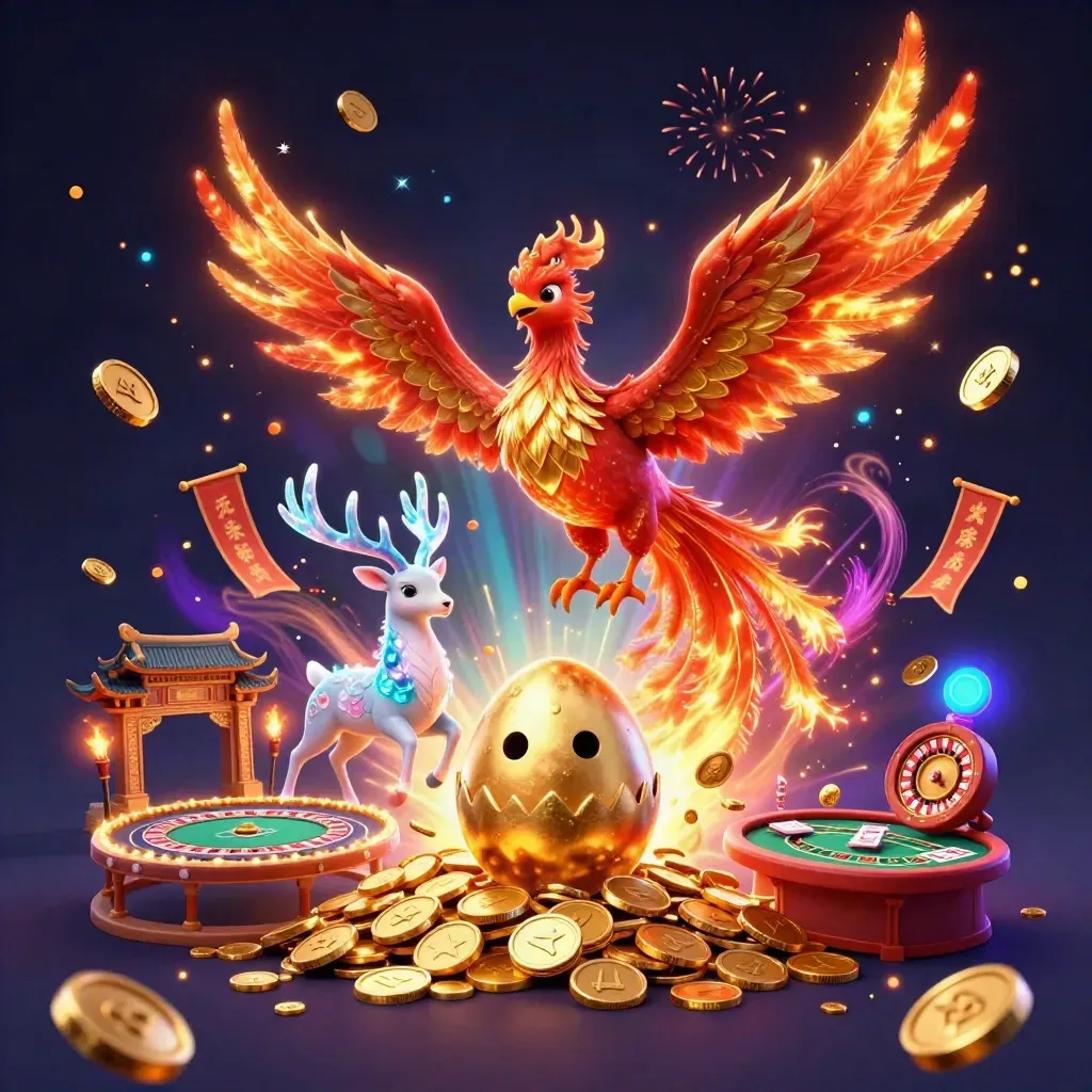 Phoenix, hatching egg, and crystal stag amid coins, fireworks, and casino magic