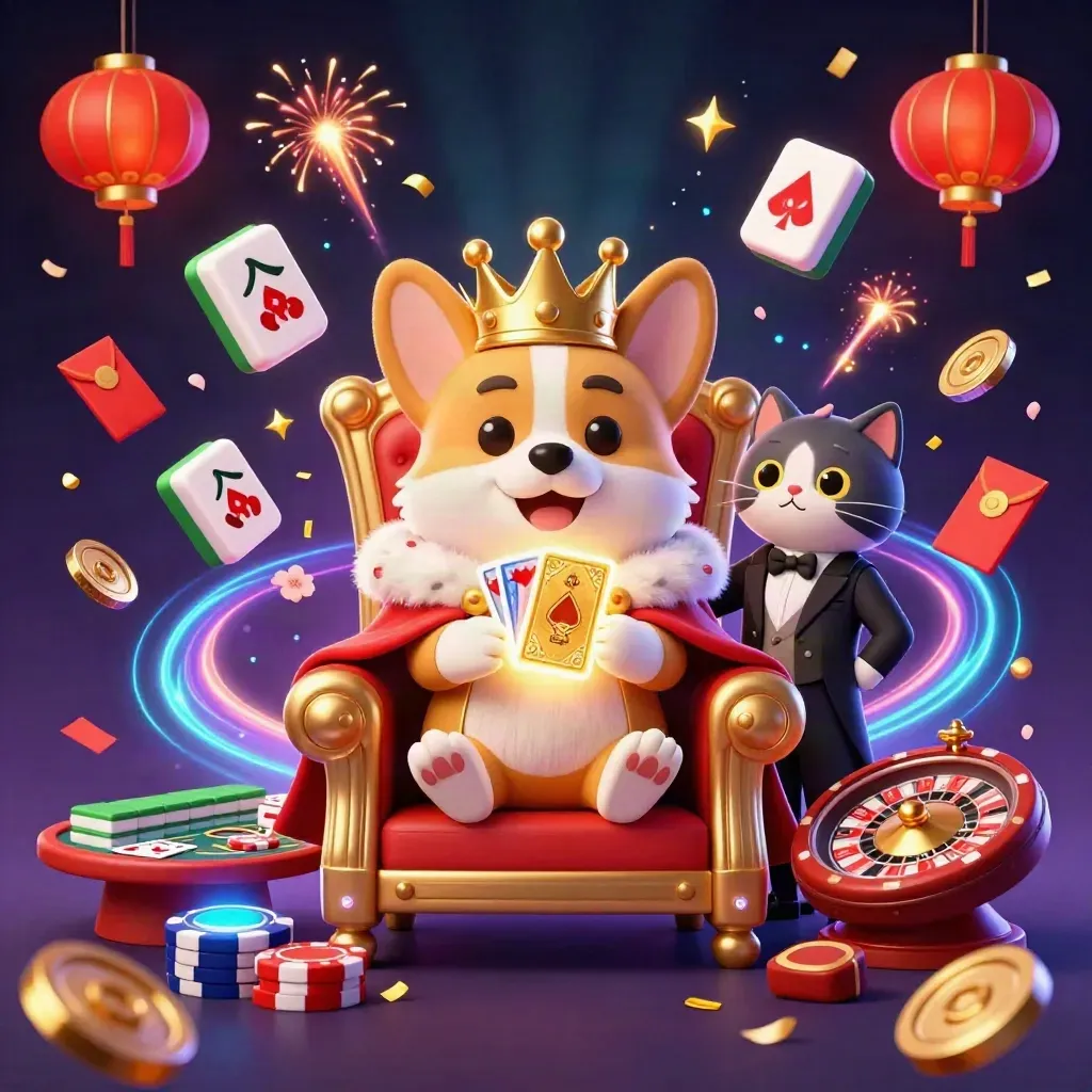 Crowned corgi and cat butler amid coins, lanterns, fireworks, roulette wheel, and neon casino glow.