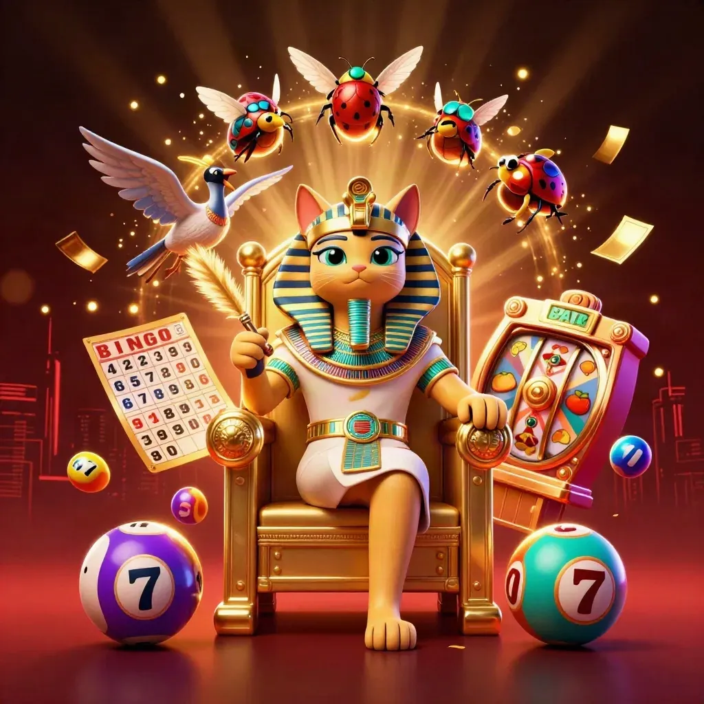 Pharaoh cat, ibis scribe, and gem-wing scarabs amid casino symbols and glowing lights.